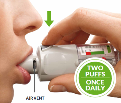 Insert the mouthpiece to press the dose-release button