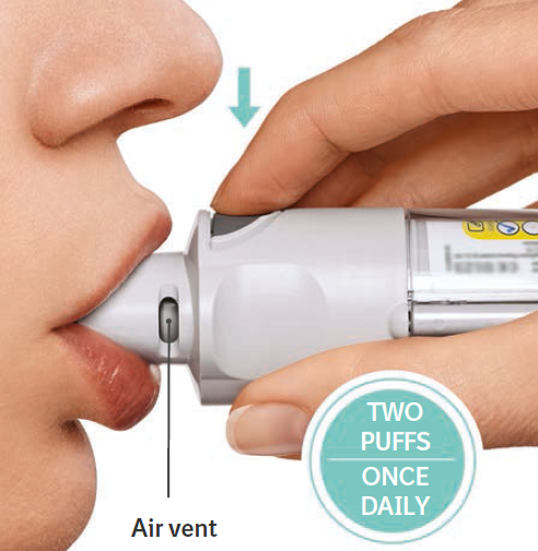 Insert the mouthpiece to press the dose-release button